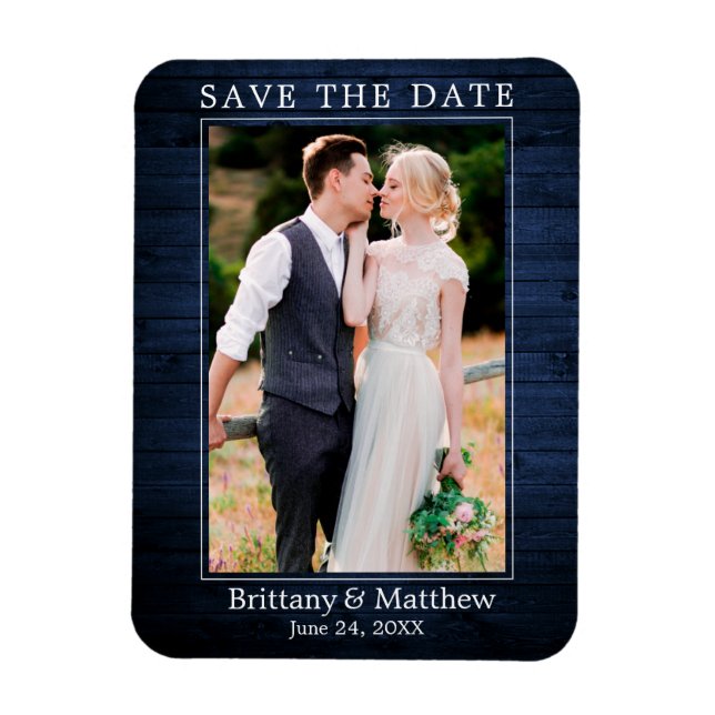 Modern Minimalist Blue Wood Print Save the Date Magnet (Vertical)