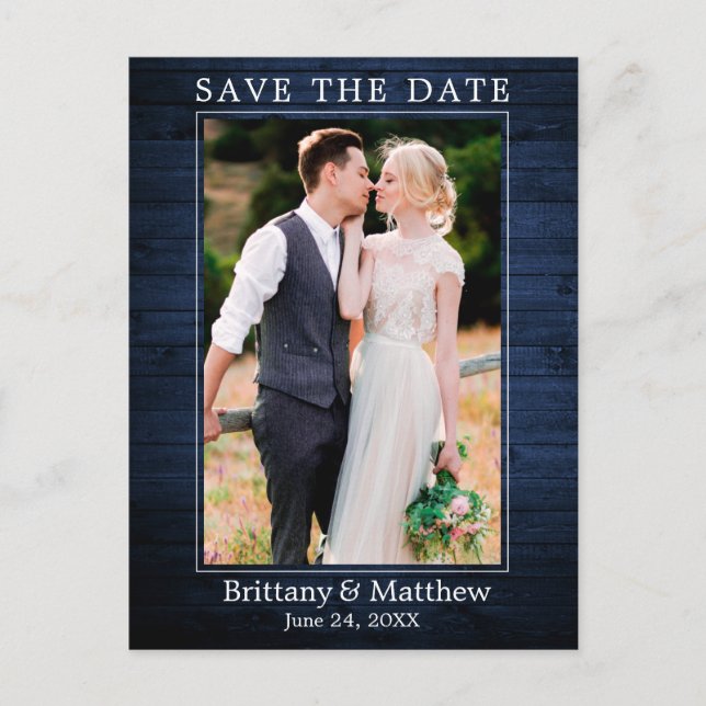 Modern Minimalist Blue Wood Save the Date Postcard (Front)