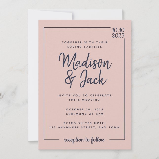 Modern Minimalist Blush and Navy Wedding Invitation (Front)