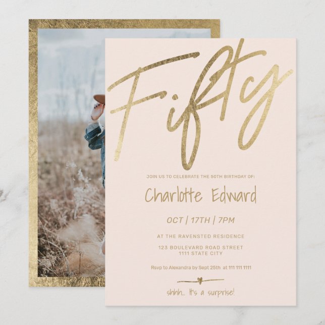 Modern minimalist blush gold photo surprise fifty invitation (Front/Back)