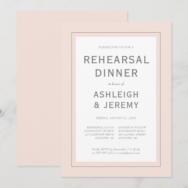Modern Minimalist Blush Pink Grey Rehearsal Dinner Invitation (Front/Back)