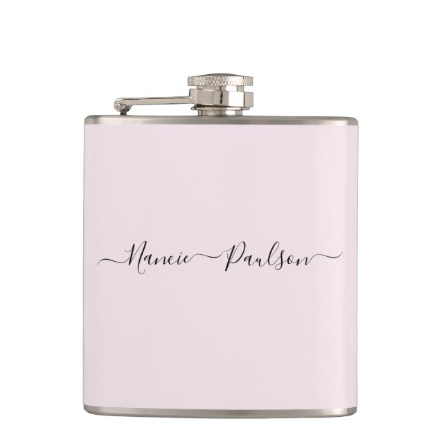 Modern Minimalist Blush Pink Script Custom Name Hip Flask (Front)