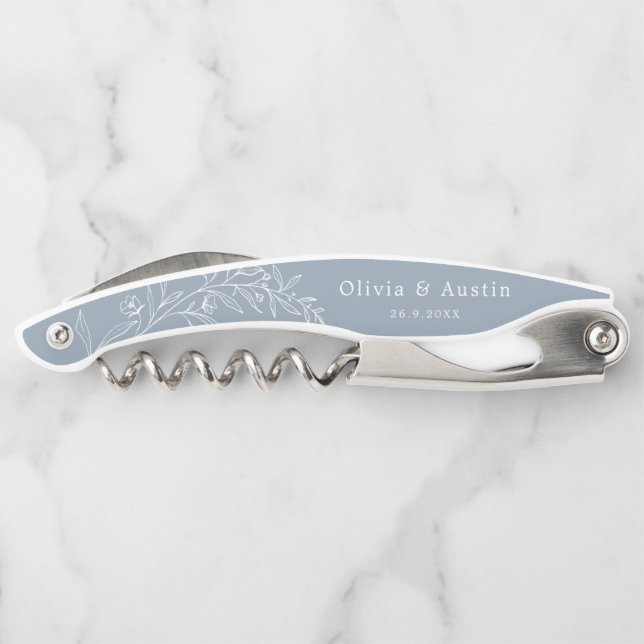 Modern Minimalist Boho Dusty Blue Wedding Favours Corkscrew (Back)