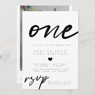 Modern Minimalist Boho Photo First Birthday Invitation