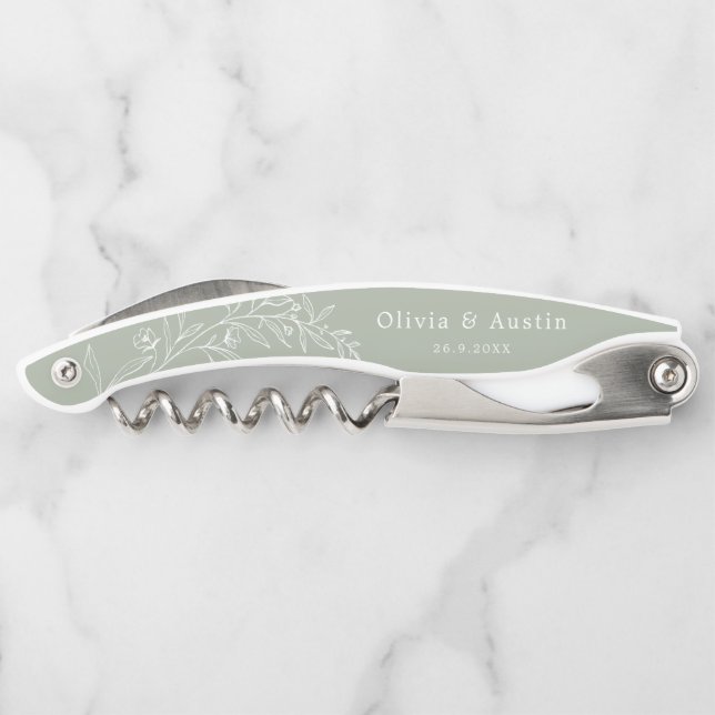 Modern Minimalist Boho Sage Green Wedding Favours Corkscrew (Back)