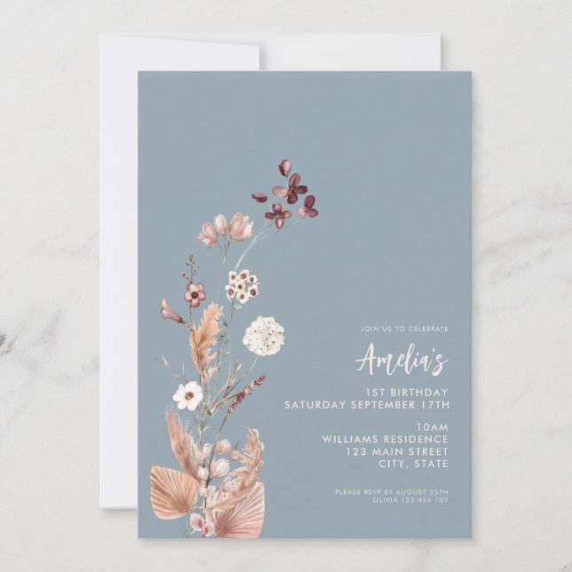 Modern Minimalist Boho Wildflower 1st Birthday Invitation (Front)