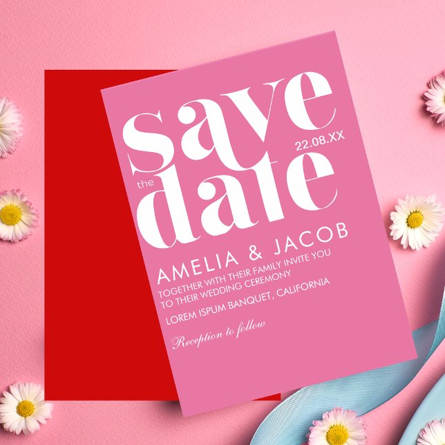 Modern minimalist Bold Bright Pink and red Wedding Save The Date (Creator Uploaded)