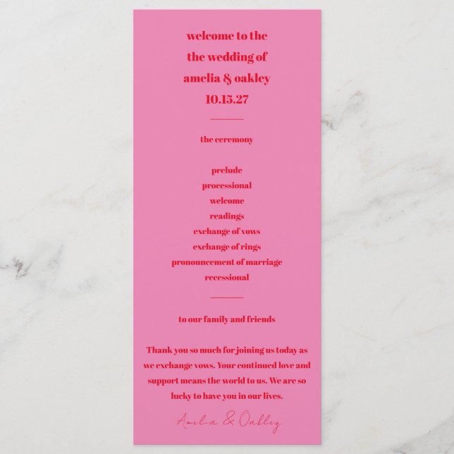 Modern Minimalist Bold Bright Pink Red Tall  Program (Front)