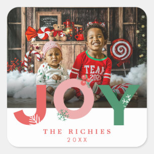Modern Minimalist Bold Script Joy Photo Holiday Square Sticker