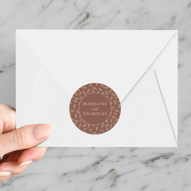 Modern Minimalist Botanical Brown Clay Wedding Classic Round Sticker (Creator Uploaded)
