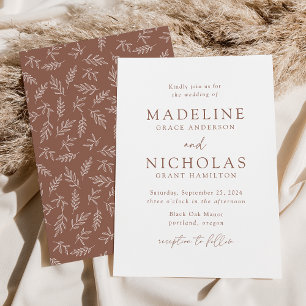 Modern Minimalist Botanical Brown Clay Wedding Invitation