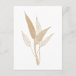 Modern Minimalist Botanical Leaves Drawing Gold Postcard