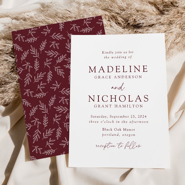 Modern Minimalist Botanical Merlot Wedding Invitation (Creator Uploaded)