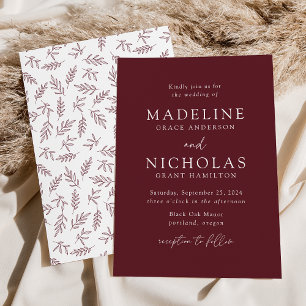 Modern Minimalist Botanical Merlot Wedding Invitation