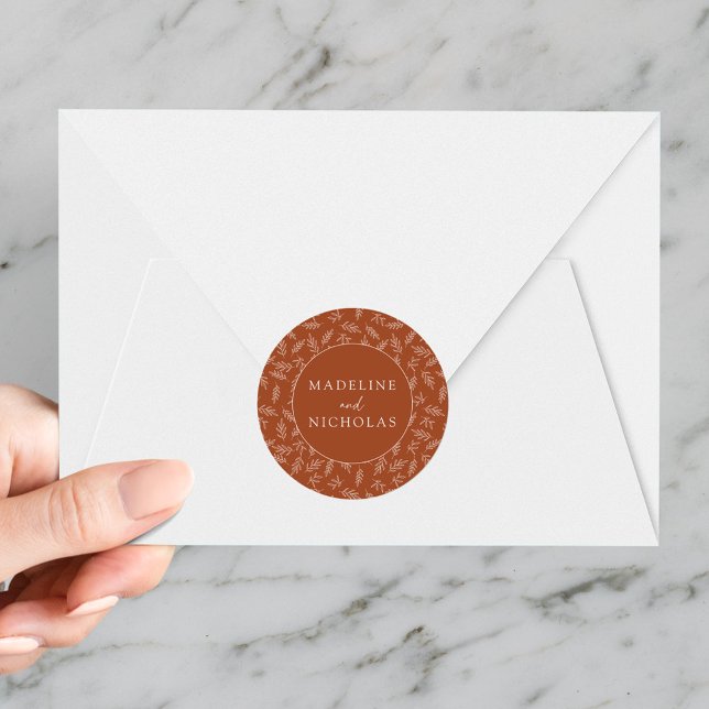 Modern Minimalist Botanical Terracotta Wedding Classic Round Sticker (Creator Uploaded)