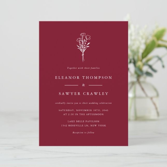 Modern Minimalist Botanicals Burgundy Wedding Invitation (Standing Front)