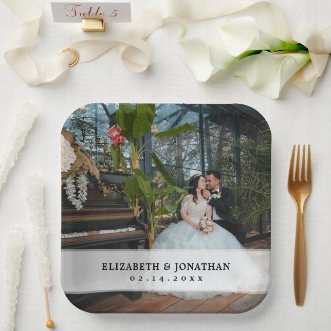Modern Minimalist Bride and Groom Photo Wedding Paper Plate (Wedding)