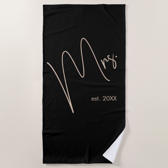 Modern Minimalist Bride | Black + Beige Script Beach Towel (Front)