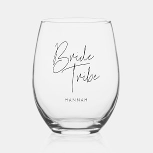 Modern minimalist Bride Tribe custom Stemless Wine Glass