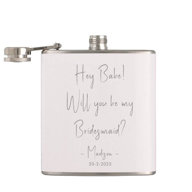 Modern Minimalist Bridesmaid Proposal Script Blush Hip Flask (Opened)