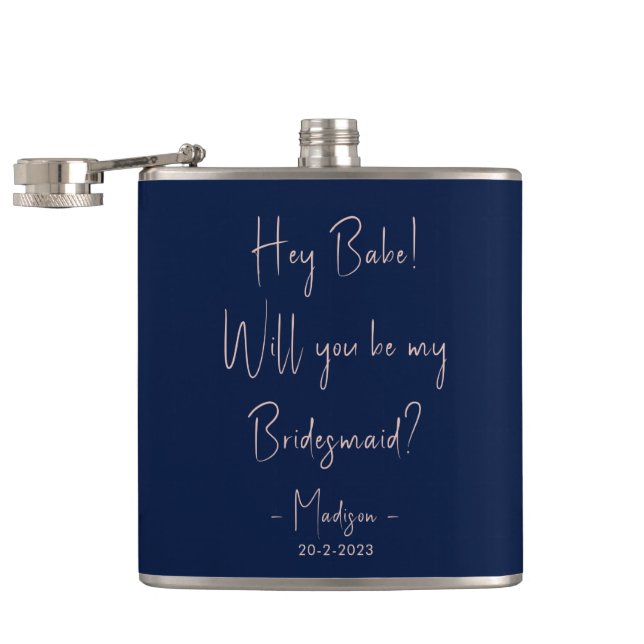 Modern Minimalist Bridesmaid Proposal Script Navy  Hip Flask (Opened)