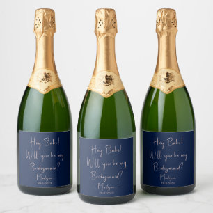 Modern Minimalist Bridesmaid Proposal Script Navy Sparkling Wine Label