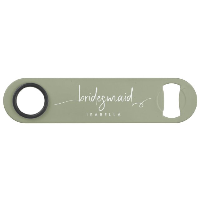Modern Minimalist Bridesmaid Script Sage Green Bar Key (Front (Horizontal))
