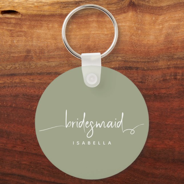Modern Minimalist Bridesmaid Script Sage Green Keychain (Back)