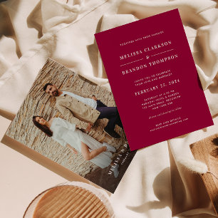 Modern Minimalist Bright Magenta Red Photo Wedding Invitation