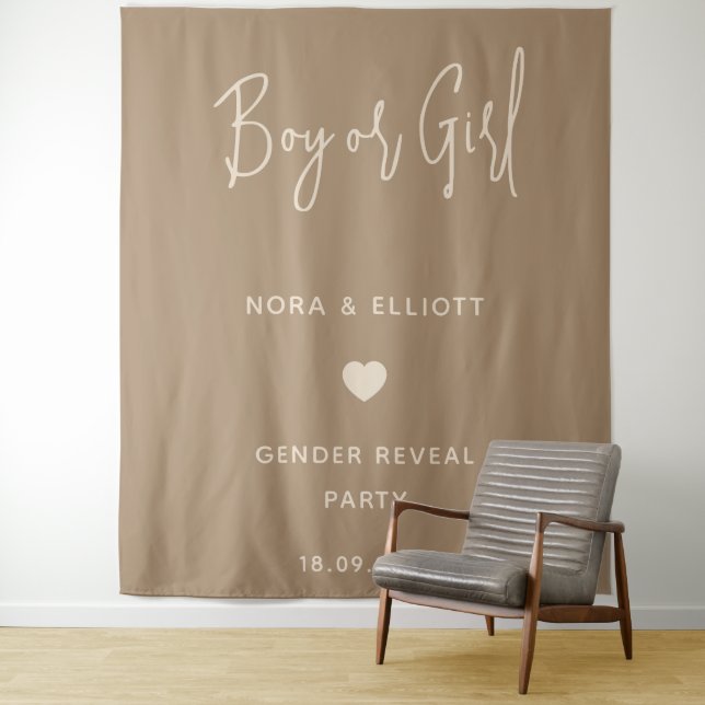 Modern Minimalist Brown Boy or Girl Gender Reveal Tapestry (In Situ)