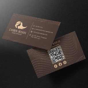 Modern Minimalist Brown Peach Hair Stylist QR Code Business Card