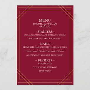 Modern Minimalist Burgundy and Gold Lines Wedding Menu