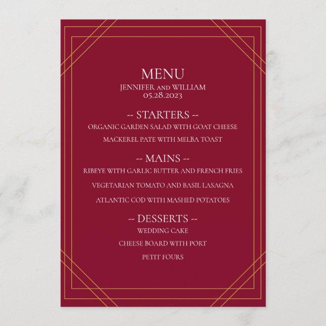 Modern Minimalist Burgundy and Gold Lines Wedding Menu (Front)