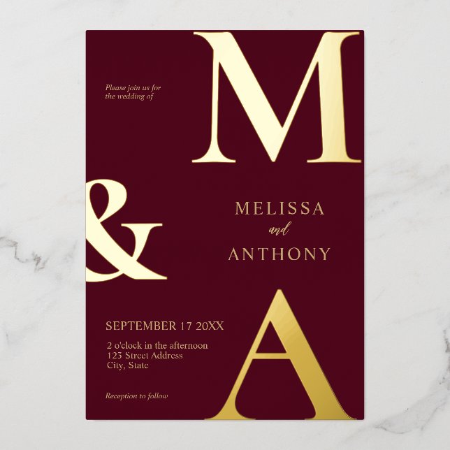 Modern Minimalist Burgundy Gold Monogram Wedding (Front)