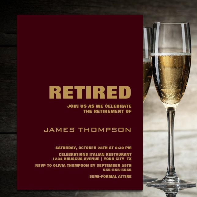 Modern Minimalist Burgundy Gold Retirement Party Invitation (Creator Uploaded)