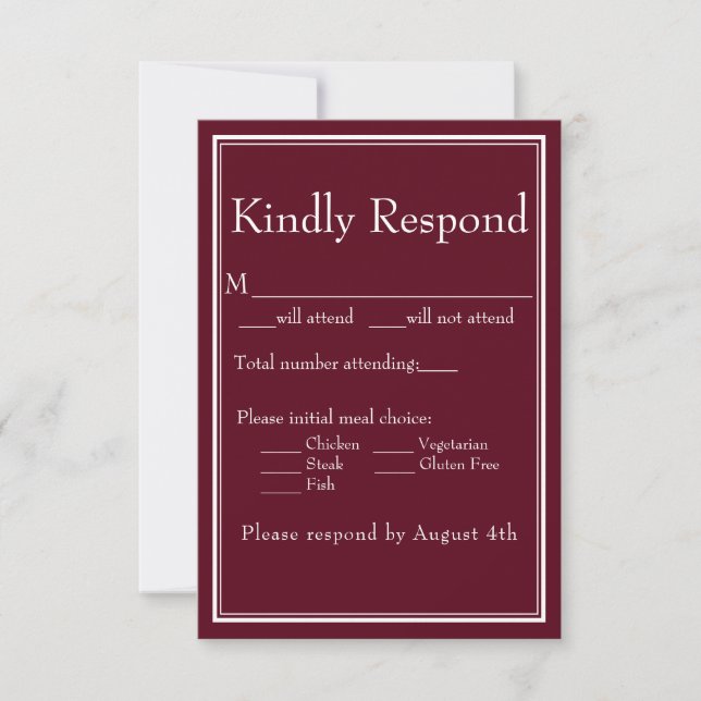 Modern Minimalist Burgundy Meal Choice RSVP Card (Front)