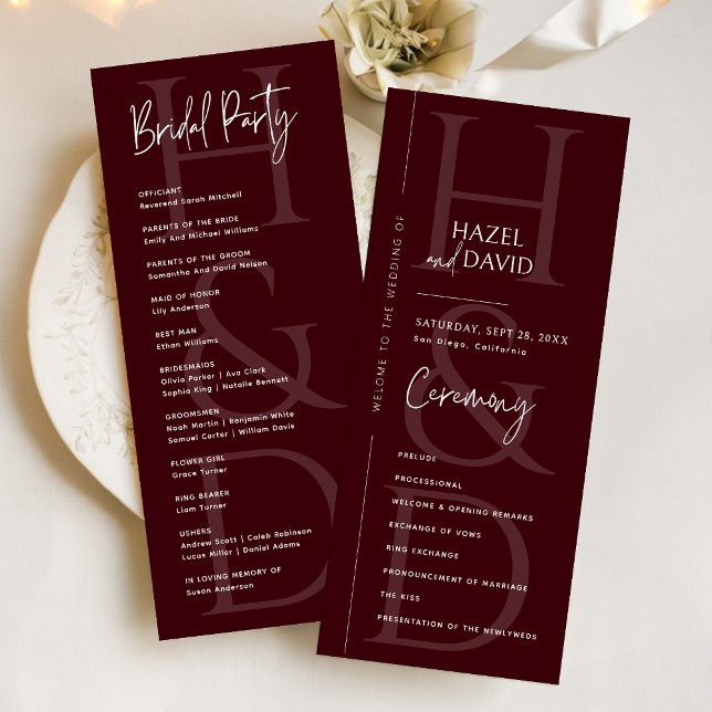 Modern Minimalist Burgundy Monogram Wedding Program (Creator Uploaded)