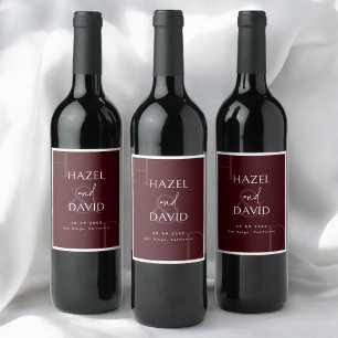 Modern Minimalist Burgundy Monogram Wedding Wine Label