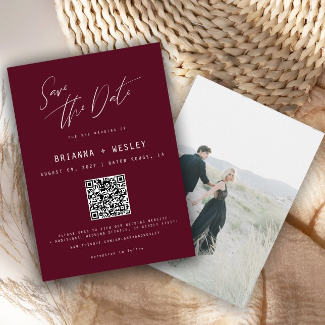 Modern Minimalist Burgundy QR Code Photo  Save The Date (Creator Uploaded)