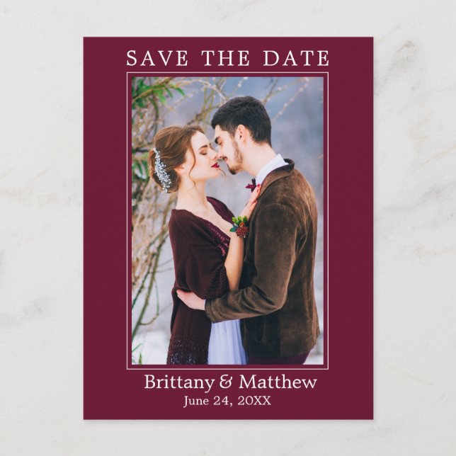 Modern Minimalist Burgundy Save the Date Postcard (Front)