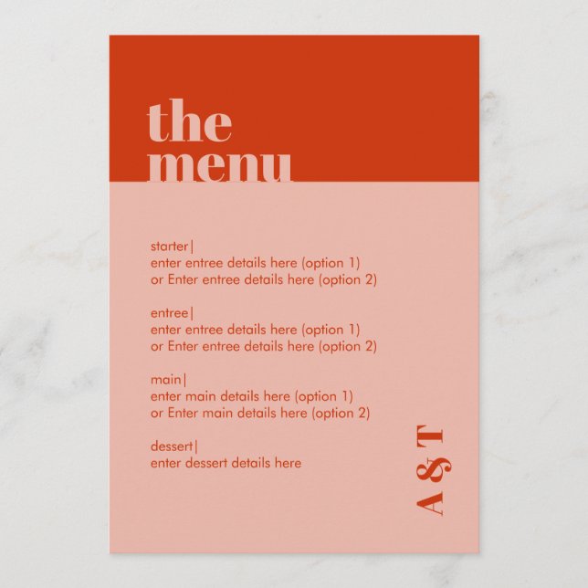 Modern Minimalist Burnt Orange & Pink Wedding Menu (Front)