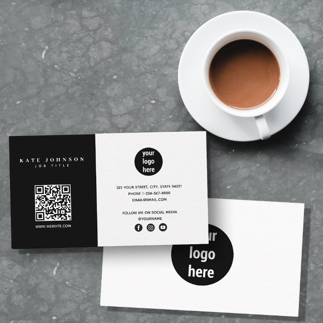 Modern Minimalist Business Logo QR Code Black Business Card (Modern Minimalist Business Logo QR Code Black Business Card)