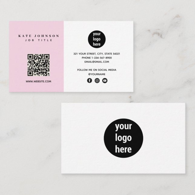 Modern Minimalist Business Logo QR Code Pink Business Card (Front/Back)