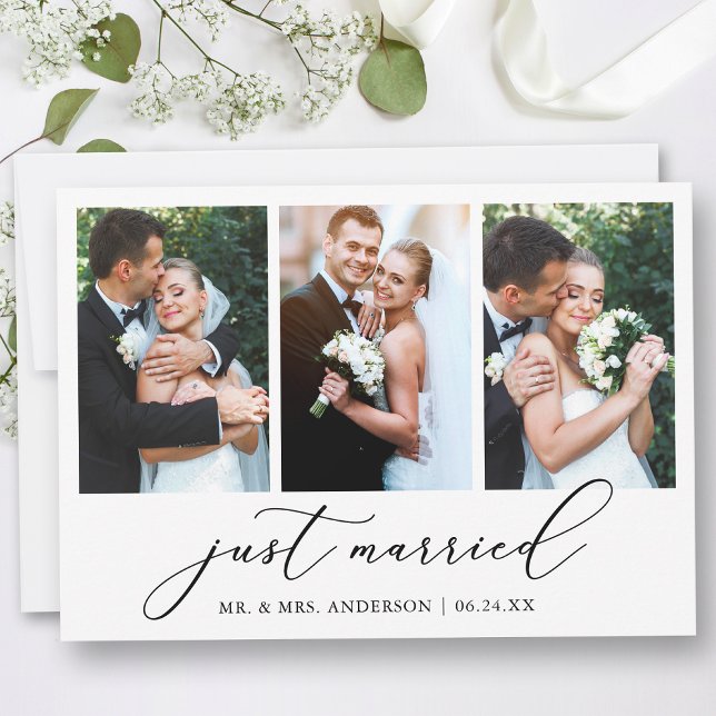 Modern Minimalist Calligraphy 3 Photos Wedding Announcement (Customize to add text or more photos to back of card.)