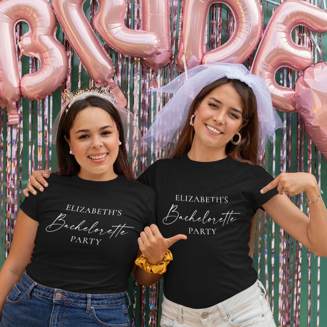 Modern Minimalist Calligraphy Bachelorette Party T-Shirt (Customize to change your personalized text size or text style. Many colors of shirts to choose from.)