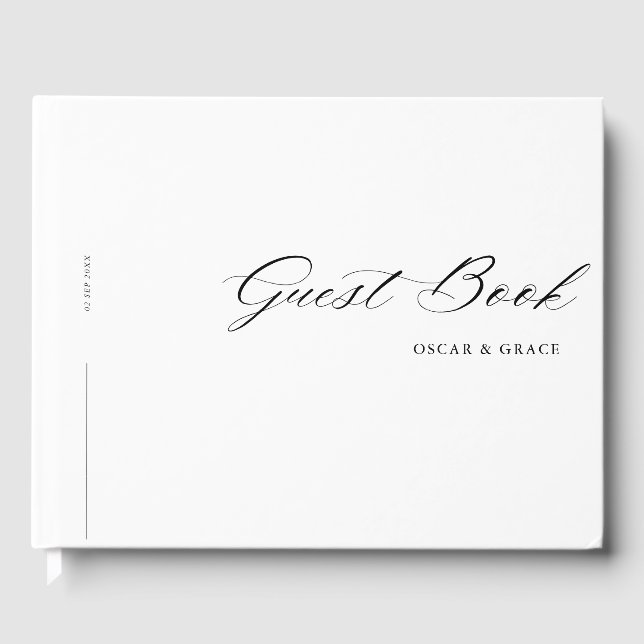 Modern Minimalist Calligraphy Black White Wedding Guest Book (Front)