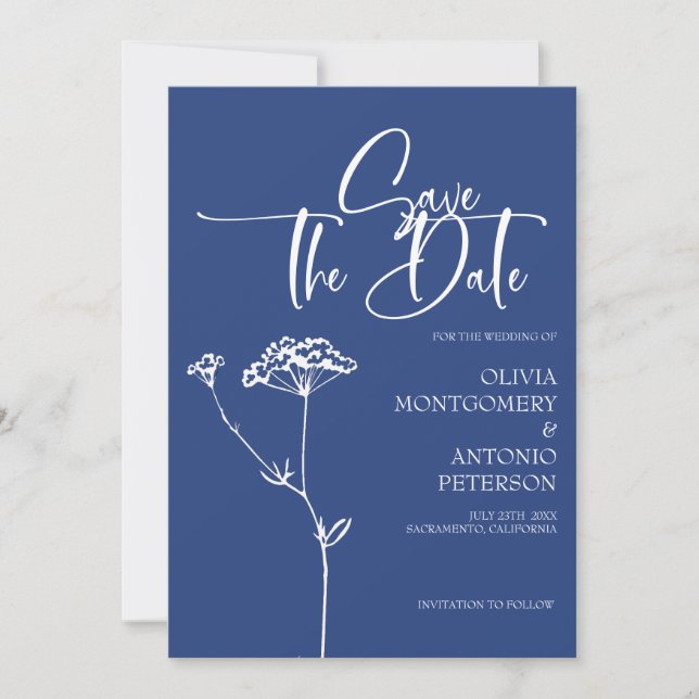  Modern Minimalist Calligraphy Cobalt Wedding Save The Date (Front)