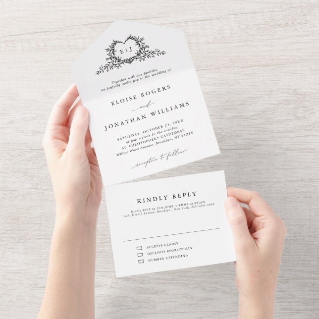 Modern Minimalist Calligraphy Crest monogram Chic  All In One Invitation (Tearaway)