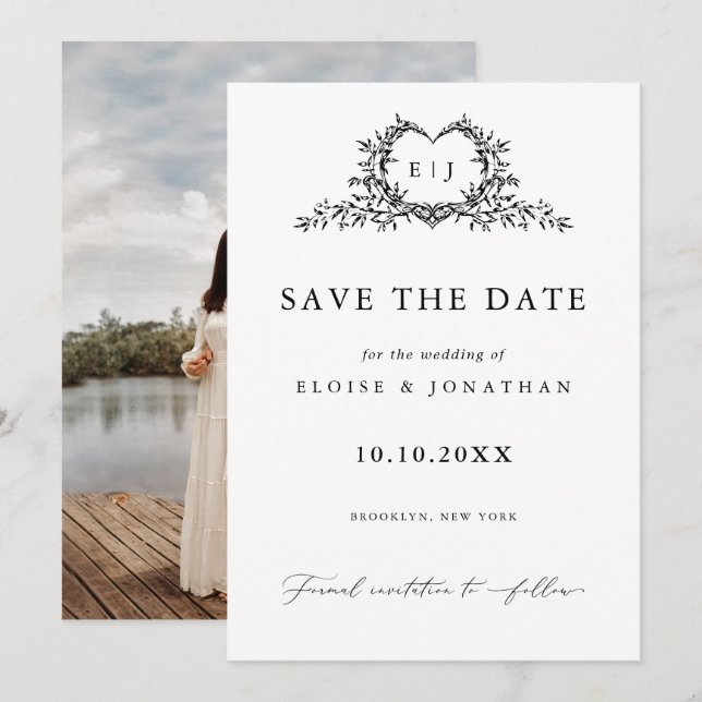 Modern Minimalist Calligraphy Crest monogram Photo Save The Date (Front/Back)