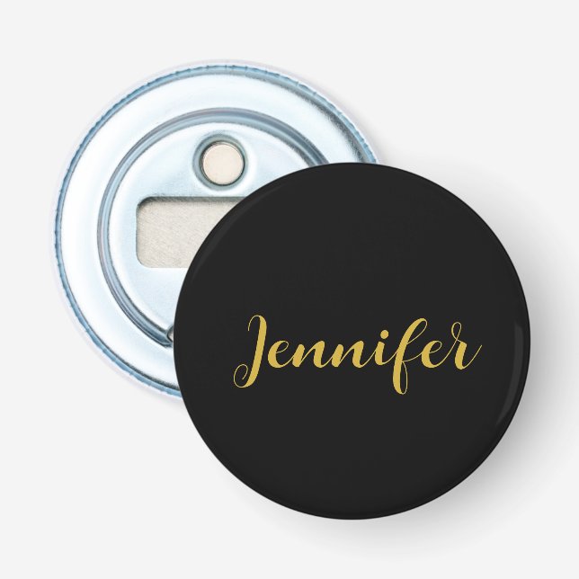 Modern Minimalist Calligraphy Name Black Gold Bottle Opener (Front)